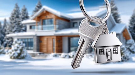 House key and home shaped keychain hanging, symbolizing property ownership, real estate investment, and dream home acquisition in a winter landscape