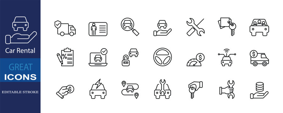 “Car Rental” icon set illustrates car hire, maintenance, payment, and GPS features, ideal for travel apps, car-sharing services, and dealerships.