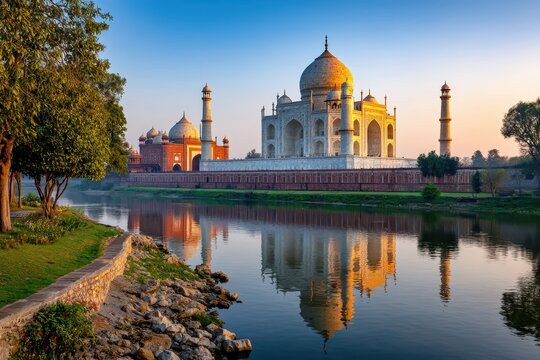 Taj Mahal reflection on the Yamuna River at sunrise in Agra, India.