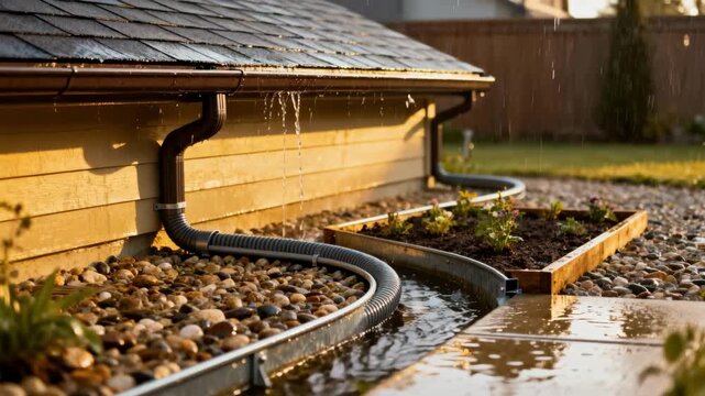 Medium shot demonstrating strategic redirection of rainwater using gutters and channels to guide flow away from vulnerable site areas