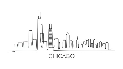 Fototapeta premium Chicago Skyline Silhouette: A minimalist, continuous line art depiction of the iconic Chicago skyline, capturing its urban essence and architectural marvel. 