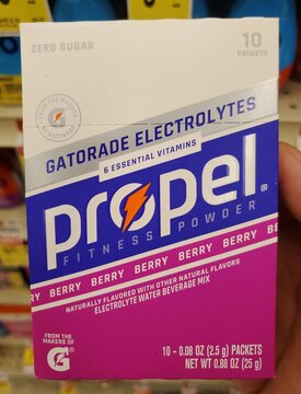 Delaware, U.S - Oct 29, 2025 - Package of Propel Fitness Powder in Berry flavor, containing 10 zero-sugar electrolyte beverage mix packets.