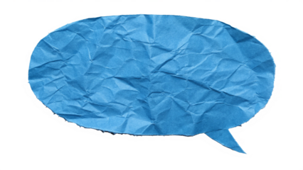 Digital illustration of a blue speech bubble with textured, torn paper effect.