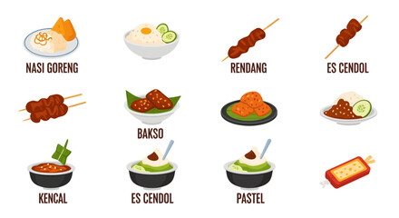 Vibrant collection of iconic Indonesian and Southeast Asian culinary dishes, from savory main courses to delightful desserts, presented as modern flat design vector illustrations