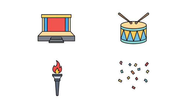 Vibrant vector icon set for diverse celebrations and events, showcasing a performance stage, rhythmic drum, symbolic torch, and festive confetti, ideal for engaging design projects