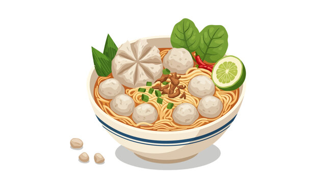 Delicious Bowl of Asian Noodles with Meatballs and Fresh Garnishes