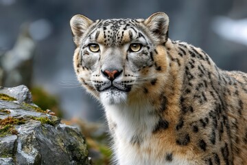 Majestic snow leopard's captivating close-up gaze with striking yellow eyes.