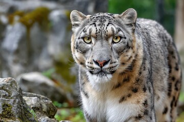 A stunning portrait of a majestic snow leopard with piercing yellow eyes.