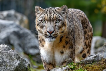 Naklejka premium Captivating close-up of a majestic snow leopard with piercing green eyes.
