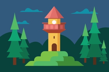 Naklejka premium Cartoon enchanted tower in a forest vector illustration