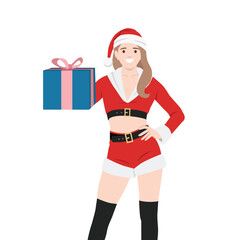 Smiling Santa Woman Holding Gift Box. Flat vector illustration isolated on white background