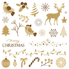 Christmas illustration set in gold. Deer, bird, berries, garland, snowflakes, winter, Christmas tree