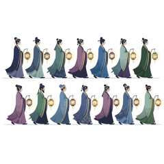Elegant Procession of Lantern-Bearing Women in Traditional East Asian Attire, Festival Celebration