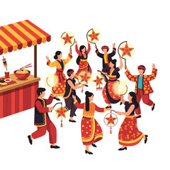 Festive Celebration People Dancing with Lanterns and a Food Stall at a Cultural Event