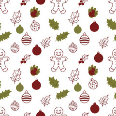 Festive Christmas Pattern with Gingerbread Men, Holly, and Ornaments