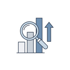 Financial data analysis and market research icon with a bar chart, magnifier, and growth arrow, symbolizing performance upscaling and strategic success