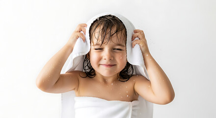 Happy Child Wrapped in a White Towel After a Bath, with Wet Hair and a Smirking Expression