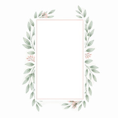 Elegant watercolor botanical frame with soft green leaves and delicate pink flowers. A beautiful hand-painted border illustration for wedding invitations or greeting cards