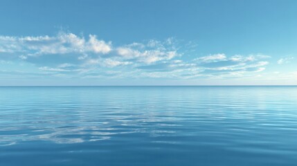 Obraz premium The scene captures a serene ocean landscape featuring clear blue water, a bright sky, and soft ripples on the surface. Fluffy clouds drift peacefully overhead, creating a tranquil atmosphere.