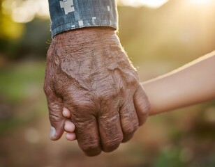 Close-up of an elderly person's wrinkled hand holding a child's small hand, symbolizing intergenerational connection and care in warm sunlight.