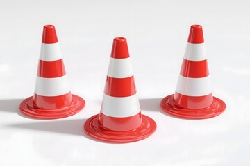 Three Red and White Traffic Cones on a Clean Background
