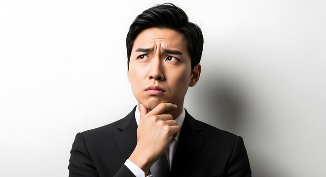 Contemplative Asian Businessman in Suit Ponders a Solution.