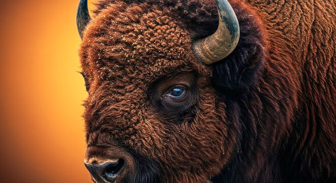 Close-up of a bison against an orange background showcasing its fur texture and unique features - Powered by Adobe
