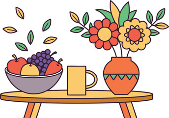 Still Life Illustration: Fruit Bowl, Mug, and Flowers in a Vase on a Table