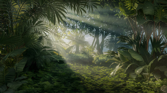 A 4K photo of a photorealistic tropical rainforest with sunlight streaming through the dense foliage - Powered by Adobe