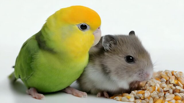 Adorable lovebird and hamster sharing corn kernels in close companionship
