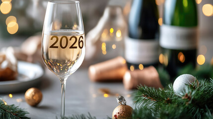 Champagne glass with 2026 print on New Year's Eve, celebrating the coming year with festive decorations, sparkling wine, and warm bokeh lights for holiday parties