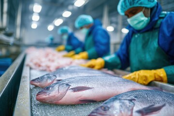 Wide Angle View of Fish Processing Facility with Fresh Fish on Table