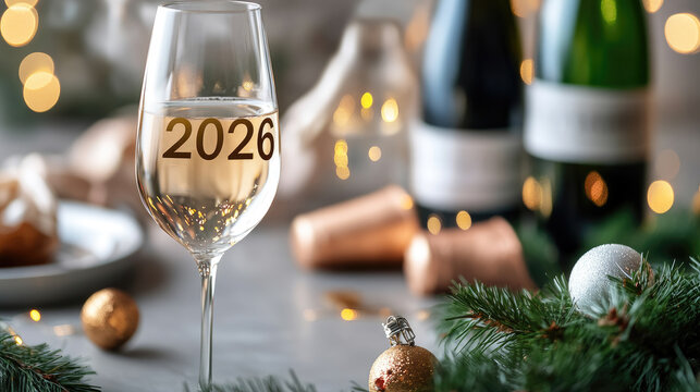 Champagne glass with 2026 print on New Year's Eve, celebrating the coming year with festive decorations, sparkling wine, and warm bokeh lights for holiday parties