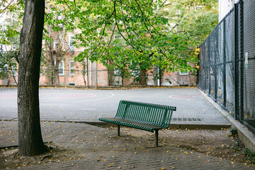 Green bench under a tree beside an empty basketball court in autumn setting