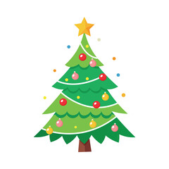 Festive green christmas tree decorated with ornaments and star