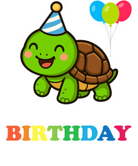 A cute cartoon turtle wearing a birthday hat with balloons, wishing a happy birthday isolated on transparent background a cheerful and festive illustration