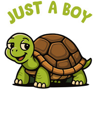 Adorable cartoon turtle with a cheerful expression, accompanied by the text just a boy in a playful font isolated on transparent background