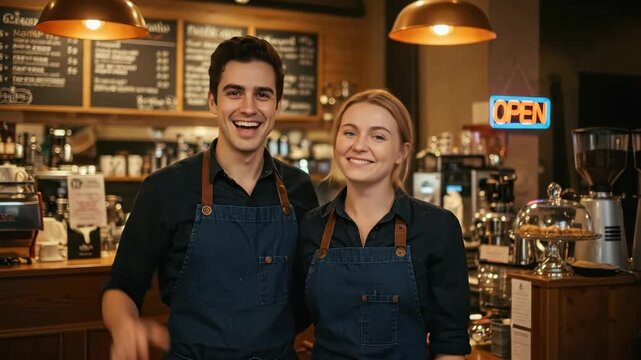 happy caucasian man and woman baristas smiling in modern coffee shop. portrait of partners or coworkers in aprons. small business owners, teamwork, and professional occupation concept.