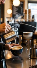A barista carefully pours steamed milk into a cup of freshly brewed coffee, creating a latte.