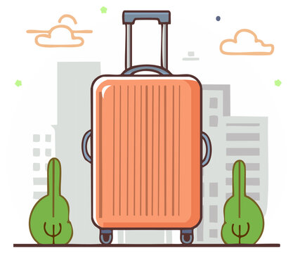 Bright orange rolling suitcase ready for travel adventure in a stylized city landscape with plants