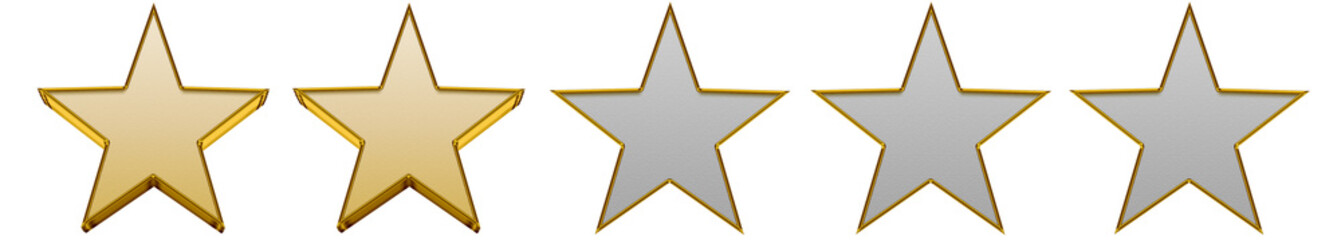 Two yellow stars and three dark grey stars isolated on white background. Low satisfaction review rating illustration symbolizing poor product or service performance