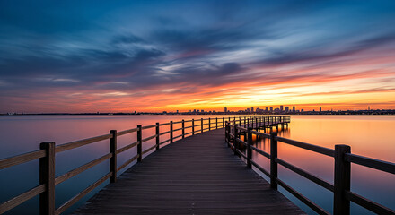 Fototapeta premium A tranquil waterfront view: A wooden pier leads towards a distant cityscape silhouetted against a vibrant sunset, painting the sky with a spectrum of colors.