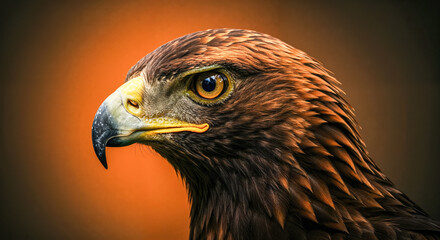 Obraz premium Close-up of a golden eagle against an orange backdrop highlighting its sharp features and intense gaze