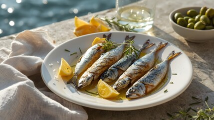 Grilled sardines with lemon wedges and olive oil served on a plate by the seaside, evoking a fresh Mediterranean dining experience.
