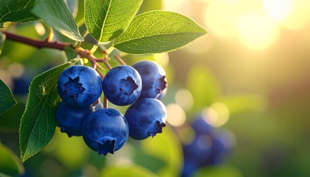 Fresh ripe blueberries on a branch in natural light, symbolizing organic fruit, nutrition, and summer harvest.