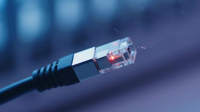 RJ45 Ethernet Cable Connector Close-Up - A close-up shot displays an RJ45 Ethernet cable connector with visible internal components, highlighted in red light, against a blurred blue background.