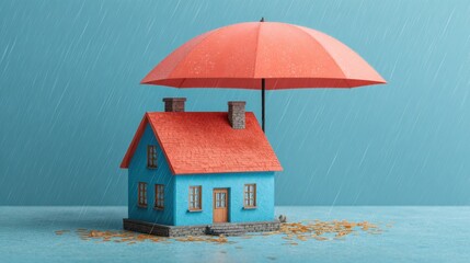 Fototapeta premium A small blue house sits under a bright red umbrella while rain falls around it.