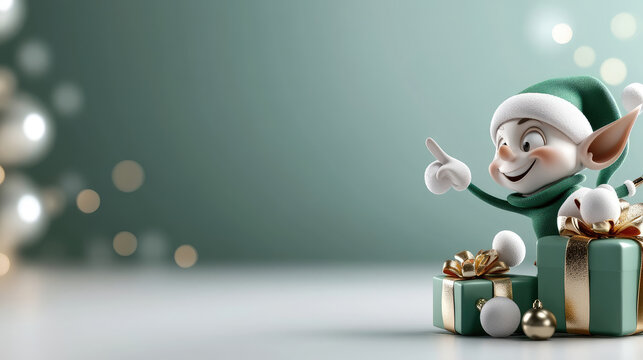 Smiling cartoon Christmas elf wearing glasses and Santa hat showing thumb up gesture while sitting next to wrapped Christmas presents on a minimal green background with copy space