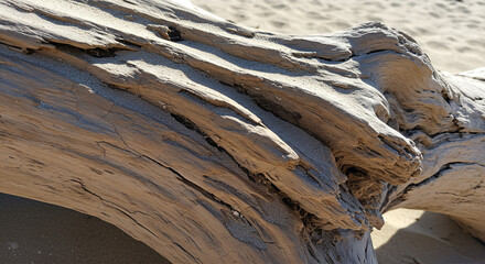 Weathered driftwood on a sandy beach, showcasing intricate textures and natural patterns sculpted by the elements over time in a coastal environment.
