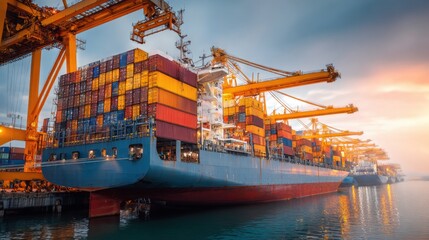 Fototapeta premium Large cargo ship docked at the port surrounded by towering cranes and stacked containers under a vibrant sky.